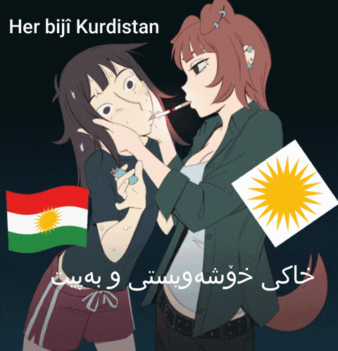 a drawing of two girls with the words her biji kurdistan on the bottom
