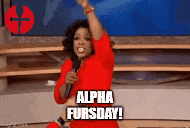 oprah winfrey is holding a microphone and says alpha fursday
