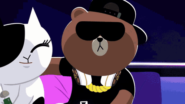 a cartoon drawing of a bear wearing sunglasses and a necklace with the letter d on it