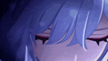 a close up of a person 's face with blue hair and red eyelashes .
