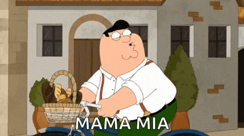 peter griffin from family guy is riding a bike with a basket full of bread and the words mama mia below him