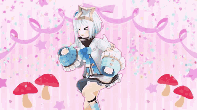 a girl with white hair is standing in front of a pink background with mushrooms .