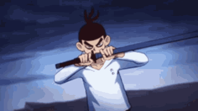 a cartoon character is holding a sword in his mouth and making a funny face .