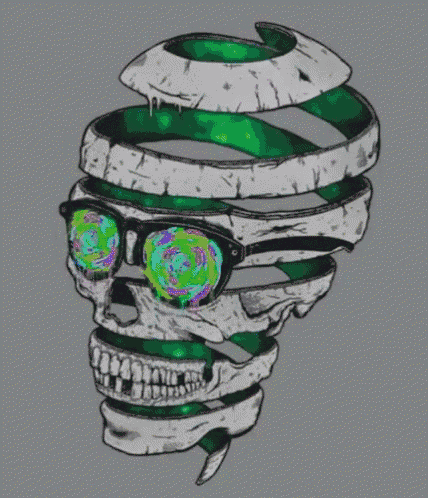 a drawing of a skull with sunglasses and a spiral in the eyes
