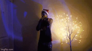 a person wearing a santa hat is standing in front of a christmas tree .