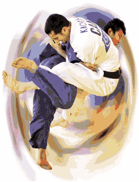 a pixelated image of two men wrestling with one wearing a white shirt that says ' kashima ' on the back