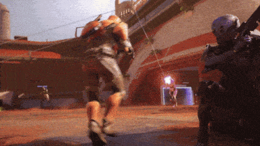 a video game is being played and a soldier is running towards another soldier