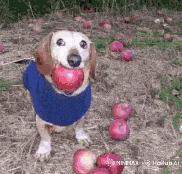 a dog wearing a blue sweater is holding an apple in its mouth