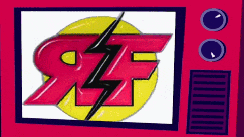 a cartoon drawing of a tv with a lightning bolt and the letter rf