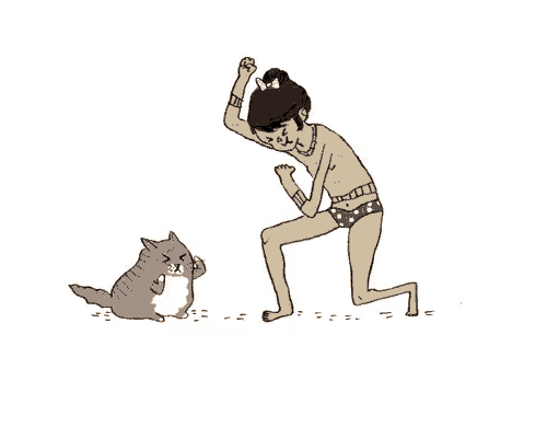 a cartoon of a woman kneeling down next to a cat in underwear .