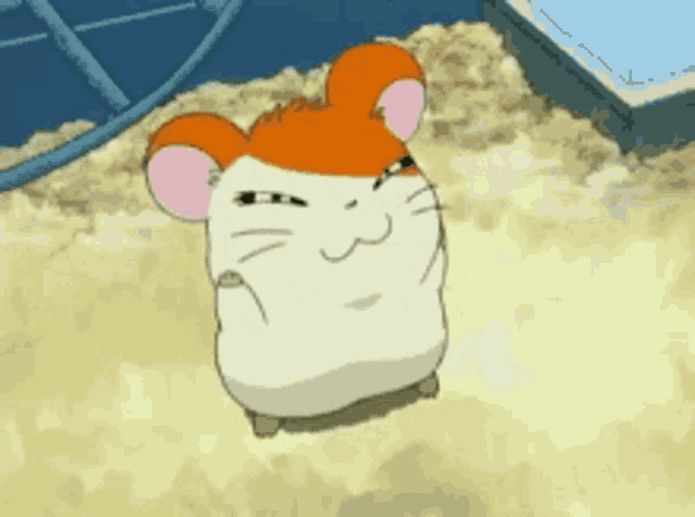 a cartoon hamster is sitting on a pile of sand and making a face .