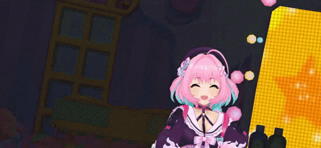 a girl with pink hair and blue eyes is standing in a room
