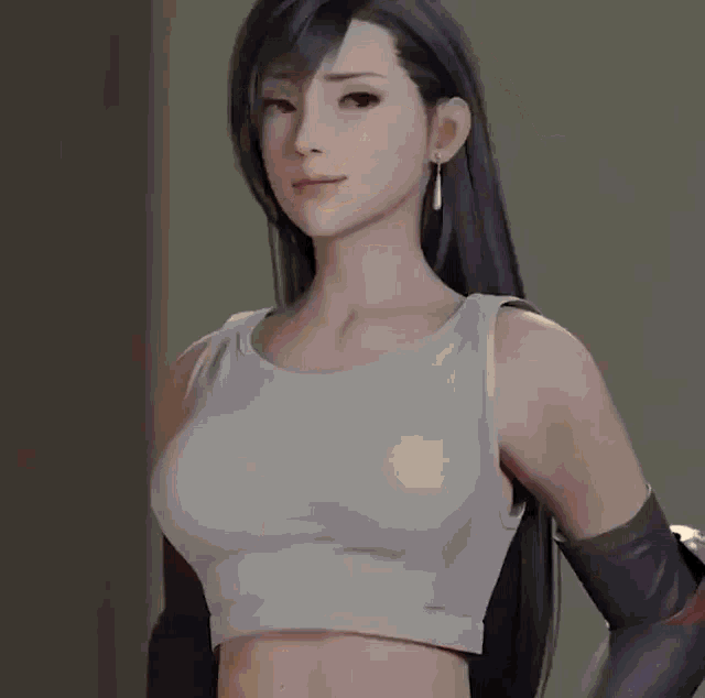tifa from final fantasy is wearing a crop top and black gloves .