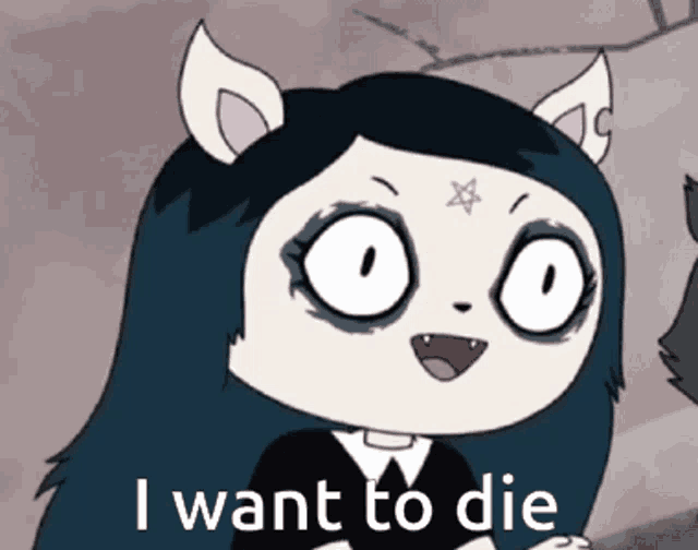 a cartoon of a girl with a star on her forehead says i want to die