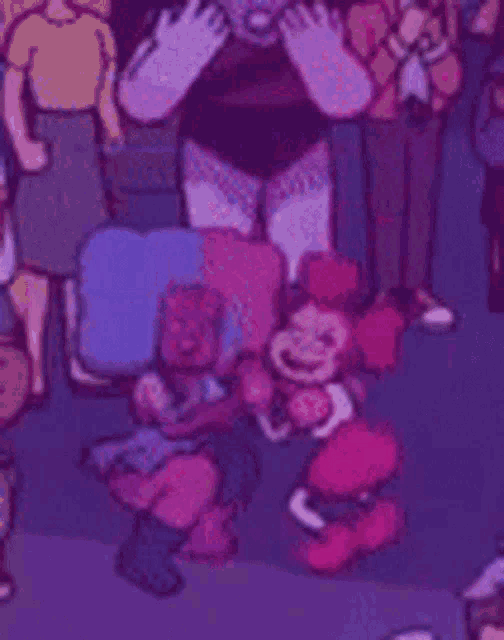 a group of cartoon characters are standing next to each other on a purple background .