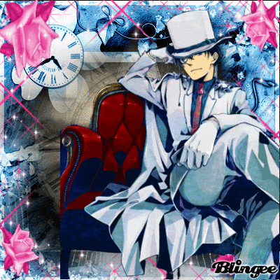 a man in a top hat sits in a chair with a clock in the background and the word blingee in the corner