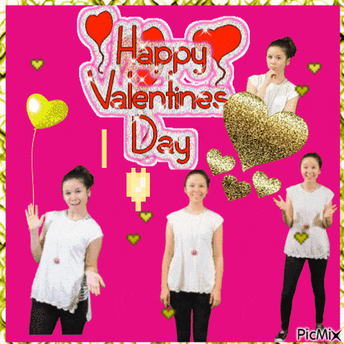 a happy valentine 's day card with a girl and hearts