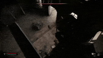 a person is holding a gun in a video game while looking up at a building .