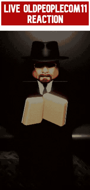 a poster for live oldpeoplecom11 reaction with a man in a top hat holding a book