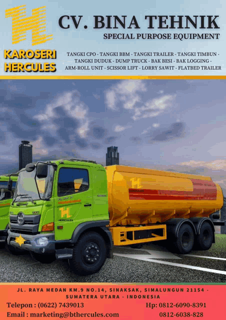 an ad for cv bina tehnik special purpose equipment shows a green and yellow truck
