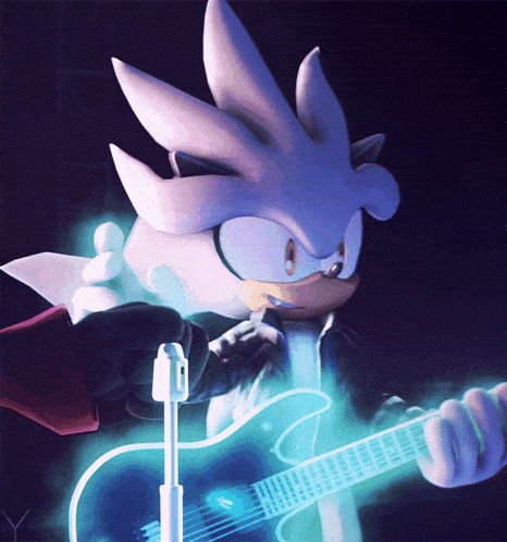silver the hedgehog is playing a guitar in a dark room