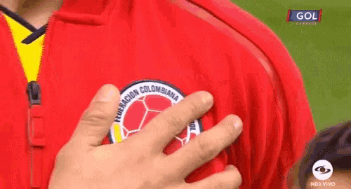 a person wearing a red jacket with a soccer ball on it