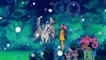 a cartoon drawing of a girl standing next to a unicorn