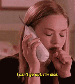 a woman is talking on a cell phone and saying `` i can 't go out . i 'm sick ''