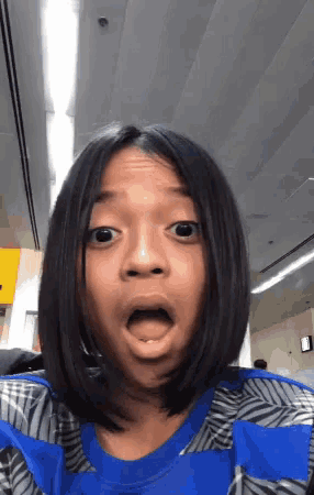 a girl with a surprised look on her face wearing a blue shirt