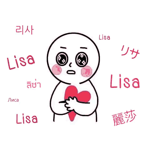 a cartoon character is holding a red heart in his hands surrounded by the word lisa .