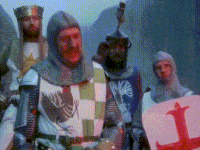a group of knights are standing next to each other and one of them is holding a shield with the letter l on it