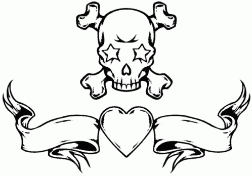 a black and white drawing of a skull crossbones and a heart