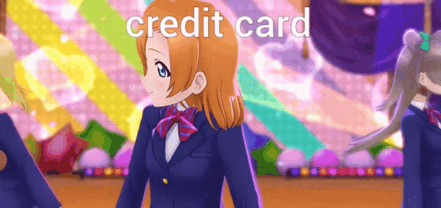 a girl in a school uniform is standing on a stage with the words credit card above her
