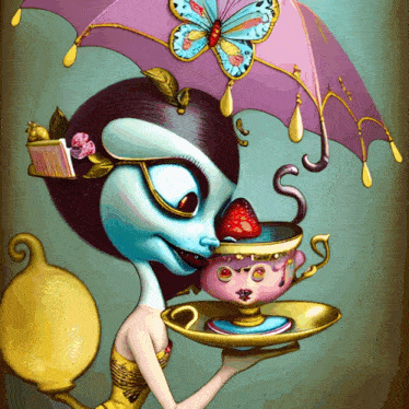 a cartoon of a woman holding a teacup with a strawberry on it