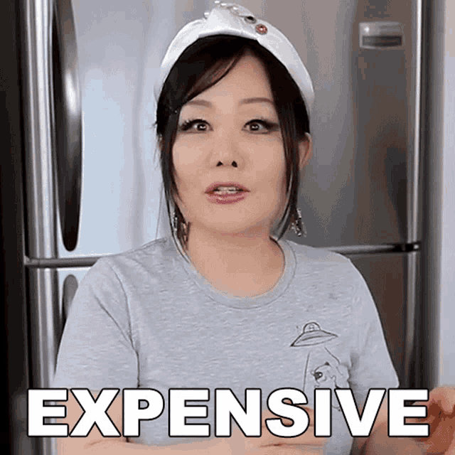 a woman in a gray shirt says expensive