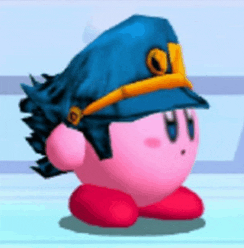 kirby is wearing a blue hat with a yellow band around it .