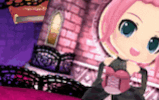 a girl with pink hair and blue eyes is holding a heart in front of a castle .