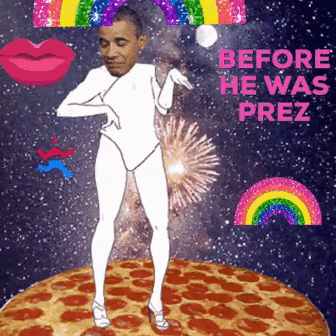 a cartoon of barack obama dancing on a pizza with the words " before he was prez " on the bottom