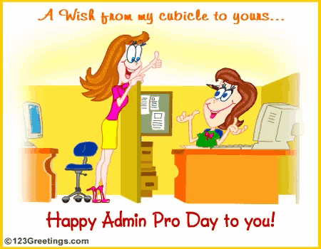 a cartoon of a woman giving a thumbs up to another woman on admin pro day