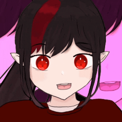 a girl with black hair and red eyes is wearing a red sweater