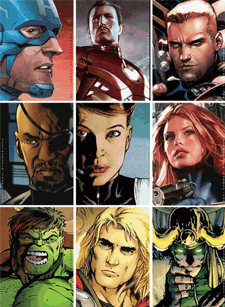 a collage of comic book characters including captain america iron man hulk thor black widow and loki
