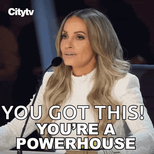 a woman sitting in front of a microphone with the words you got this you 're a powerhouse