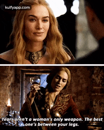a woman is holding a glass of wine and saying that tears are a woman 's only weapon .