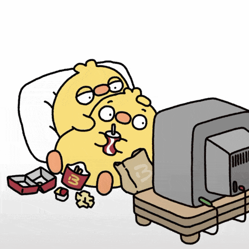 a cartoon of two chickens eating mcdonald 's while watching television
