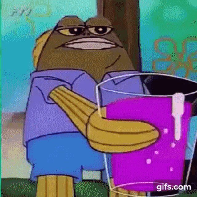 a cartoon character from spongebob squarepants is pouring a purple liquid into a glass .