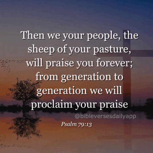 a bible verse from psalm 79 13 is displayed with a cross in the background