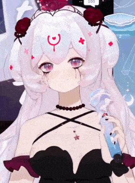 a drawing of a girl with white hair and a crescent moon on her head