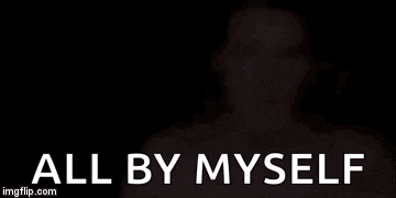 a woman with long red hair is standing in front of a black background with the words `` all by myself '' .