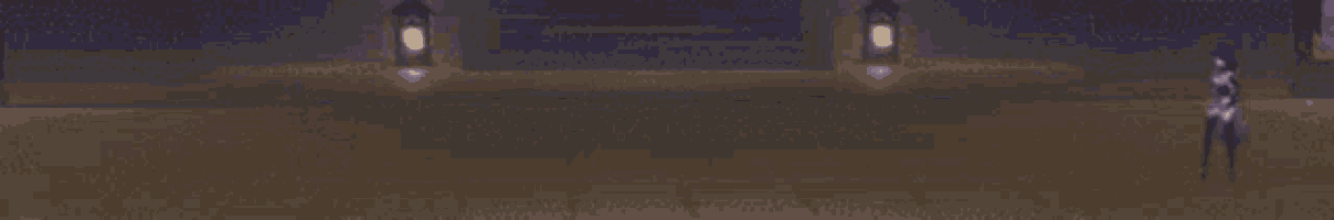 a pixel art of a person standing in a dark room with a lantern in the background .