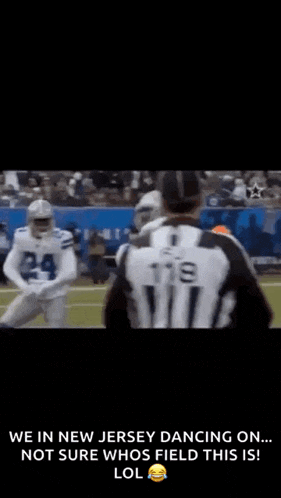 a group of football players are dancing on a field with the caption we in new jersey dancing on not sure whos field this is lol
